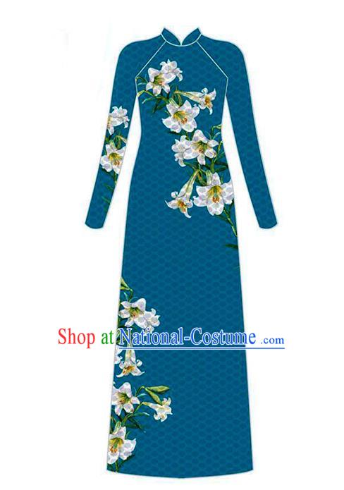 Asian Vietnam Printing Lily Flowers Cheongsam Costumes Traditional Vietnamese Classical Navy Ao Dai Qipao Dress and Loose Pants