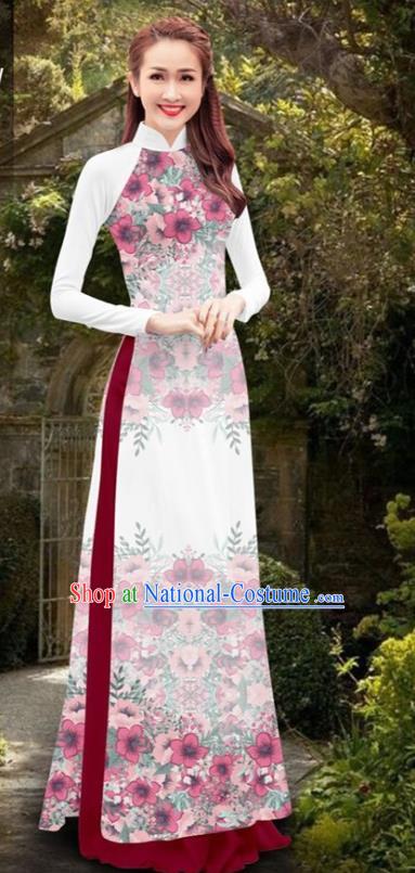 Asian Vietnam Women Cheongsam Costumes Traditional Vietnamese Classical Printing Flowers White Ao Dai Qipao Dress and Loose Pants