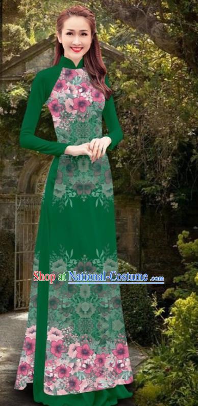 Asian Vietnam Women Cheongsam Costumes Traditional Vietnamese Classical Printing Flowers Green Ao Dai Qipao Dress and Loose Pants