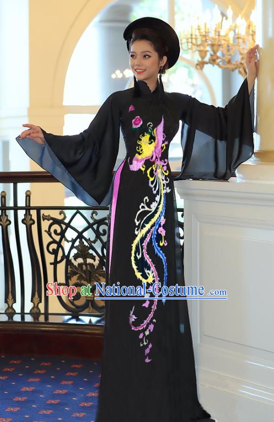 Traditional Vietnamese Colorful Phoenix Pattern Black Ao Dai Qipao Dress and Pants Asian Vietnam Cheongsam Classical Court Costumes