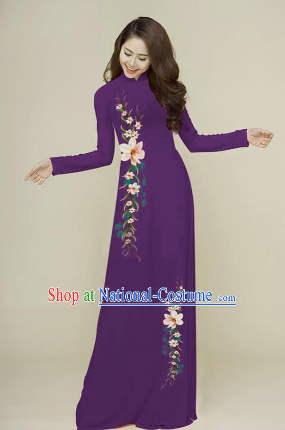 Traditional Vietnamese Hand Painting Purple Ao Dai Qipao Dress and Pants Asian Vietnam Classical Cheongsam Female Costumes