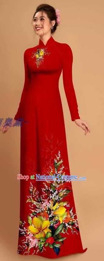 Traditional Vietnamese Bride Red Ao Dai Qipao Dress and Pants Asian Vietnam Classical Printing Flowers Cheongsam Costumes