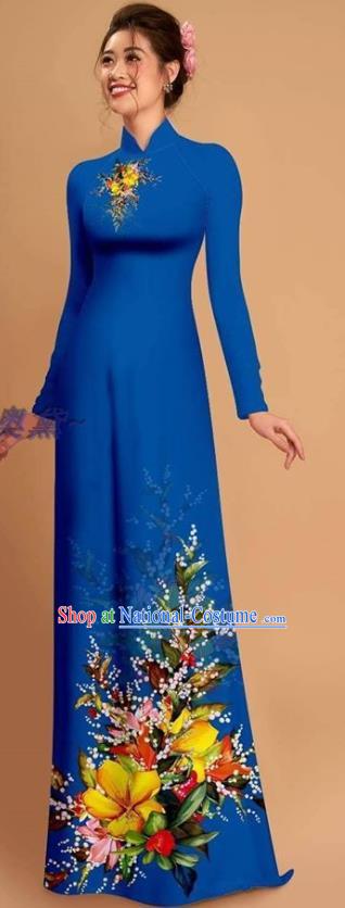 Traditional Vietnamese Bride Royalblue Ao Dai Qipao Dress and Pants Asian Vietnam Classical Printing Flowers Cheongsam Costumes