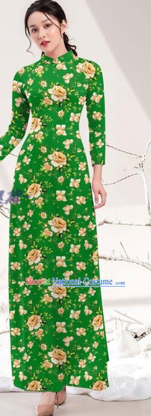 Traditional Vietnamese Printing Rose Green Ao Dai Qipao Dress and Pants Asian Vietnam Stage Show Cheongsam Costumes