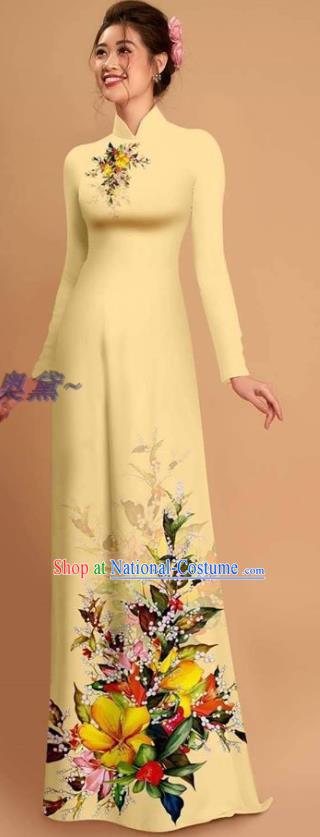 Traditional Vietnamese Bride Beige Ao Dai Qipao Dress and Pants Asian Vietnam Classical Printing Flowers Cheongsam Costumes