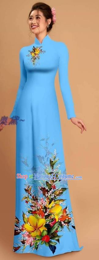 Traditional Vietnamese Bride Blue Ao Dai Qipao Dress and Pants Asian Vietnam Classical Printing Flowers Cheongsam Costumes