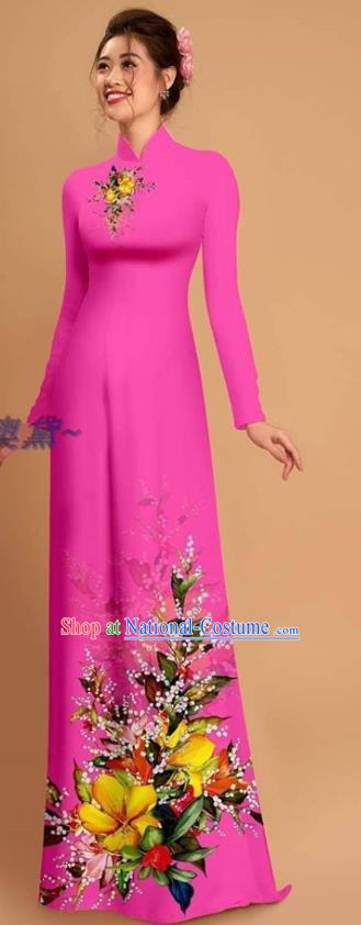 Traditional Vietnamese Bride Rosy Ao Dai Qipao Dress and Pants Asian Vietnam Classical Printing Flowers Cheongsam Costumes