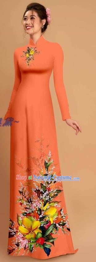 Traditional Vietnamese Bride Light Orange Ao Dai Qipao Dress and Pants Asian Vietnam Classical Printing Flowers Cheongsam Costumes