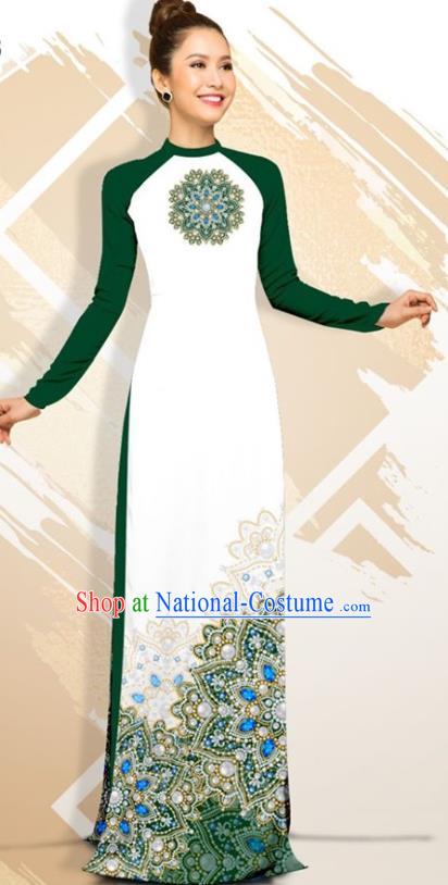 Asian Vietnam Classical Court Female Cheongsam Costumes Traditional Vietnamese Deep Green Ao Dai Qipao Dress and Loose Pants