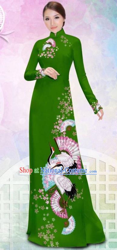 Asian Vietnam Printing Crane Green Cheongsam Costumes Traditional Vietnamese Classical Ao Dai Qipao Dress and Loose Pants