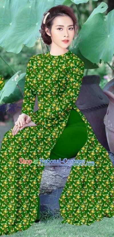 Traditional Custom Vietnamese Deep Green Ao Dai Qipao Dress and Pants Asian Vietnam Stage Show Cheongsam Female Costumes