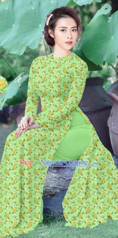 Custom Light Green Vietnamese Uniforms Traditional Ao Dai Dress and Pants Asian Vietnam Cheongsam Qipao Women Costume