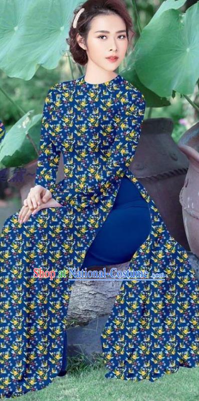 Vietnamese Traditional Ao Dai Dress Asian Vietnam Costume Custom Cheongsam Women Deep Blue Qipao and Pants Uniforms