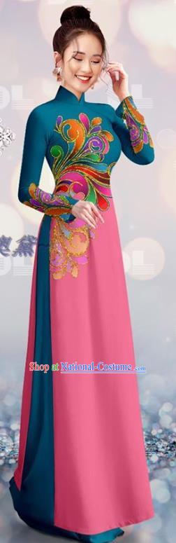 Vietnam Qipao Dress with Pants Costume Custom Navy and Pink Cheongsam Asian Traditional Vietnamese Bride Ao Dai Uniforms