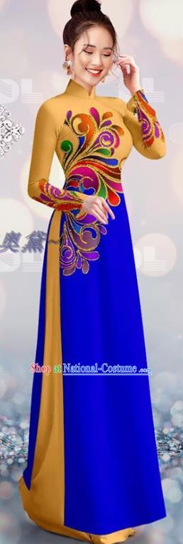 Vietnam Yellow and Royalblue Cheongsam Asian Vietnamese Custom Costume Traditional Bride Ao Dai Qipao Dress with Pants Uniforms