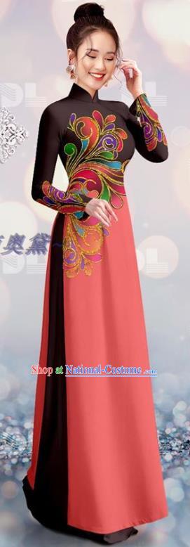 Vietnam Cheongsam Asian Vietnamese Custom Costume Traditional Bride Uniforms Black and Pink Ao Dai Qipao Dress with Pants