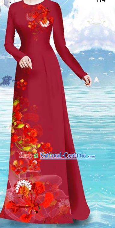 Wine Red Asian Vietnamese Cheongsam Custom Qipao and Pants Uniforms Traditional Vietnam Women Ao Dai Dress Printing Cockscomb Pattern Clothing