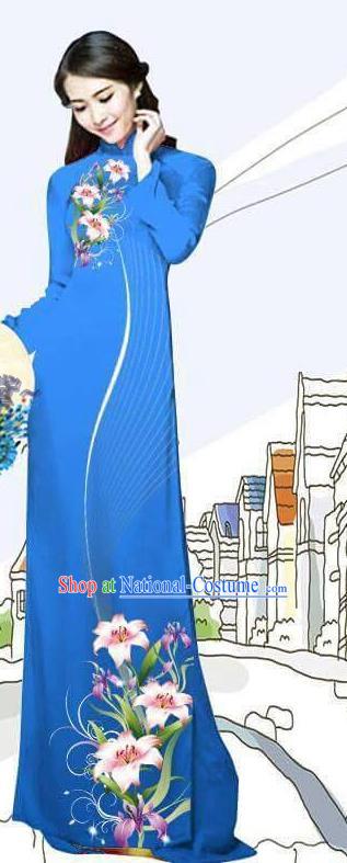 Asian Vietnam Traditional Bride Lilac Long Dress with Pants Custom Printing Lily Flowers Ao Dai Costume Vietnamese Uniforms Blue Cheongsam