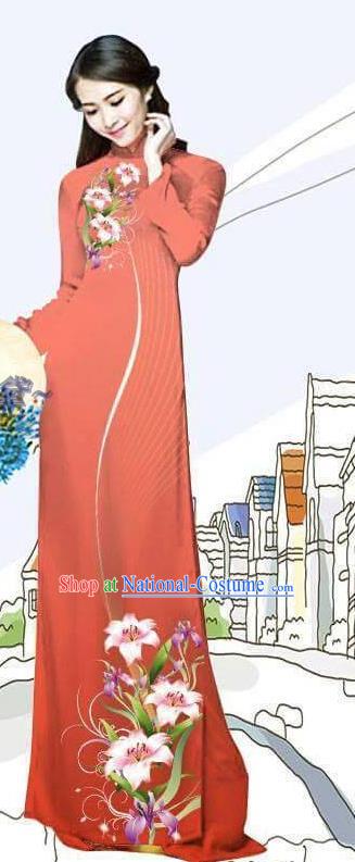 Custom Asian Vietnam Traditional Bride Long Dress with Pants Printing Lily Flowers Ao Dai Costume Vietnamese Jacinth Cheongsam Uniforms