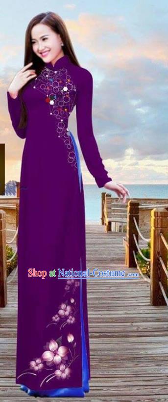 Vietnamese Custom Ao Dai Costume Asian Vietnam Peach Blossom Pattern Design Deep Purple Dress Traditional Bride Cheongsam with Pants Uniforms