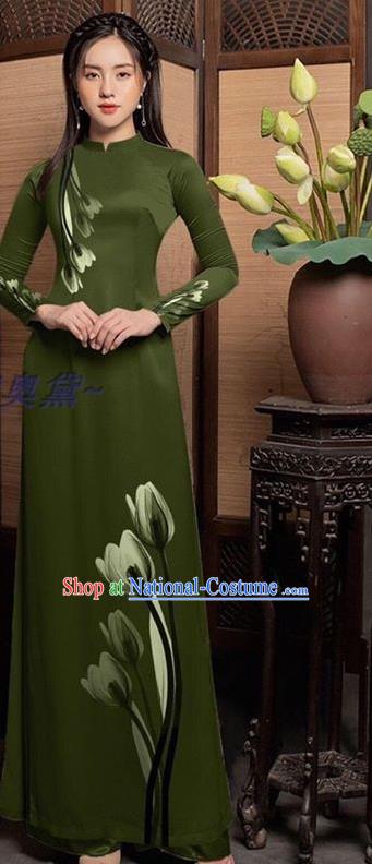 Vietnamese Custom Army Green Cheongsam Traditional Bride Long Dress with Pants Uniforms Asian Vietnam Women Ao Dai Costume