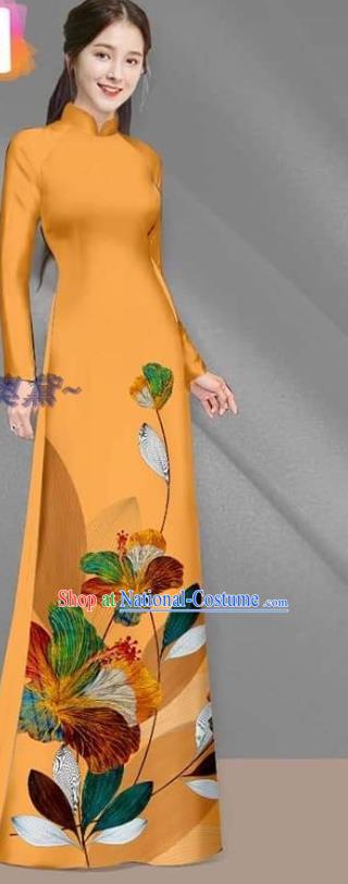 Asian Custom Vietnam Women Ao Dai Costume Vietnamese Traditional Bride Cheongsam Uniforms Yellow Long Dress with Pants