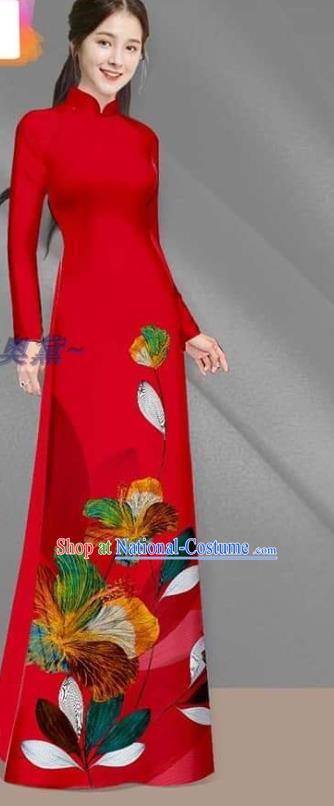 Vietnamese Traditional Bride Red Long Dress with Pants Cheongsam Uniforms Asian Custom Vietnam Women Ao Dai Costume