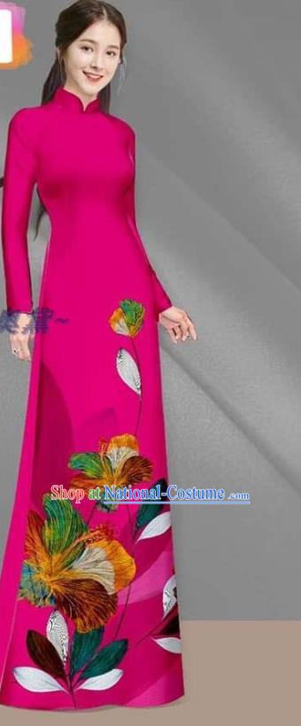 Vietnamese Bride Magenta Long Dress with Pants Uniforms Asian Custom Vietnam Women Ao Dai Costume Traditional Cheongsam