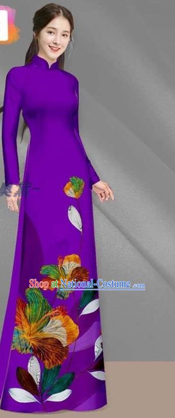 Deep Purple Vietnamese Uniforms Asian Custom Vietnam Women Ao Dai Costume Traditional Cheongsam Bride Long Dress with Pants