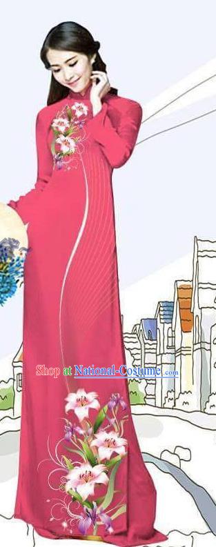 Asian Vietnam Rosy Long Dress Vietnamese Traditional Bride Cheongsam with Pants Ao Dai Costume Custom Printing Lily Flowers Uniforms