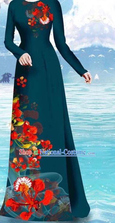 Vietnamese Female Atrovirens Cheongsam and Pants Custom Uniforms Printing Cockscomb Pattern Qipao Dress Asian Traditional Vietnam Ao Dai Clothing