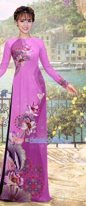 Asian Vietnam Bride Uniforms Traditional Vietnamese Costume Women Dress with Pants Printing Lotus Purple Ao Dai Clothing