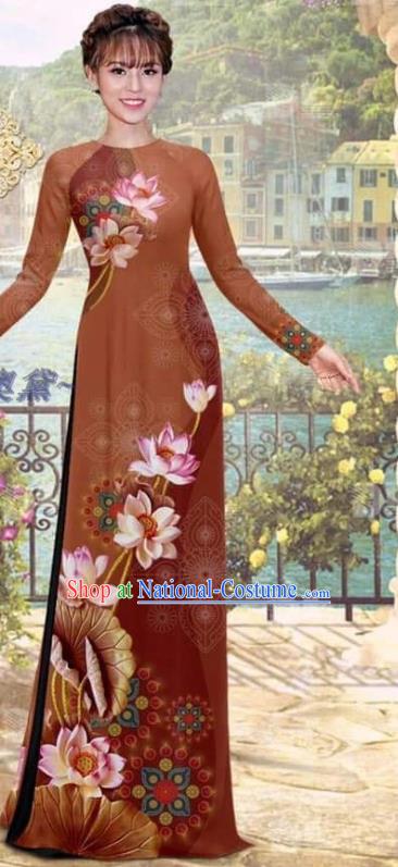 Asian Ao Dai Clothing Traditional Vietnamese Bride Costume Vietnam Women Printing Lotus Brown Dress with Pants Uniforms