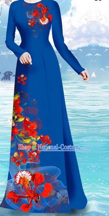 Royalblue Ao Dai Clothing Vietnamese Female Cheongsam and Pants Custom Printing Cockscomb Pattern Qipao Dress Asian Traditional Vietnam Uniforms