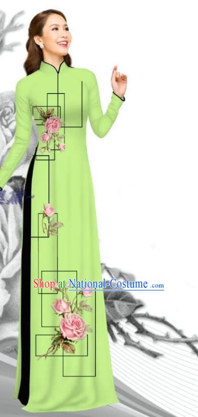 Asian Vietnamese Green Ao Dai Clothing Traditional Vietnam Women Printing Rose Dress with Pants Uniforms Bride Costume