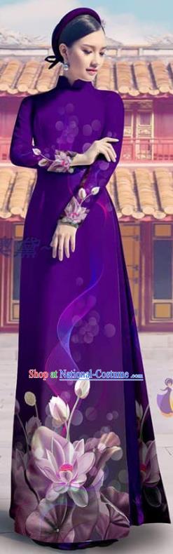 Custom Vietnam Beauty Deep Purple Costume Asian Vietnamese Ao Dai Dress Clothing Traditional Printing Cheongsam with Pants