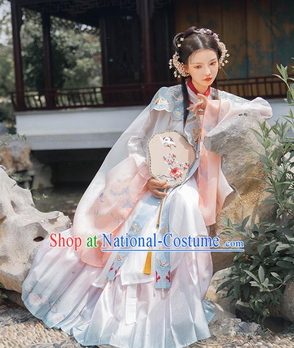 Chinese Ancient Ming Dynasty Princess Historical Costume Embroidered Gown and Skirt Traditional Hanfu Apparel for Patrician Lady