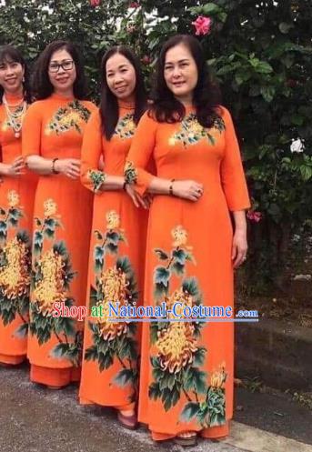 Asian Vietnam Wedding Costume Traditional Vietnamese Clothing Printing Chrysanthemum Ao Dai Dress Cheongsam with Pants Custom Uniforms