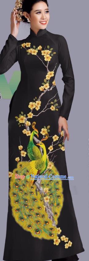 Asian Vietnam Classical Peacock Pattern Costume Traditional Vietnamese Clothing Bride Cheongsam with Pants Uniforms Custom Black Ao Dai Dress