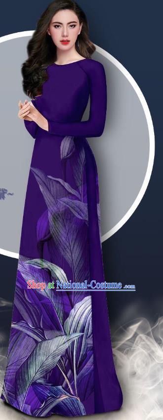 Asian Vietnam Deep Purple Chiffon Cheongsam Vietnamese Traditional Ao Dai Dress with Pants Uniforms Custom Bride Clothing