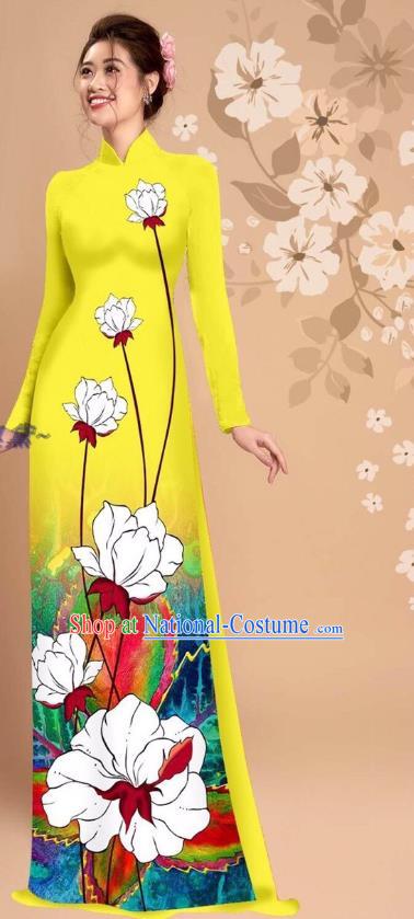 Vietnam Bright Yellow Ao Dai Dress Uniforms Custom Asian Vietnamese Fashion Apparel Traditional Cheongsam with Loose Pants National Clothing