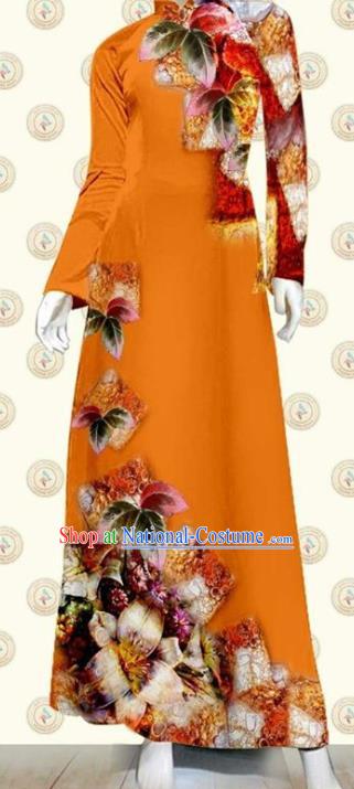 Vietnamese Traditional Civilian Women Ao Dai Clothing Oriental Fashion Qipao Dress with Pants Vietnam Classical Orange Cheongsam