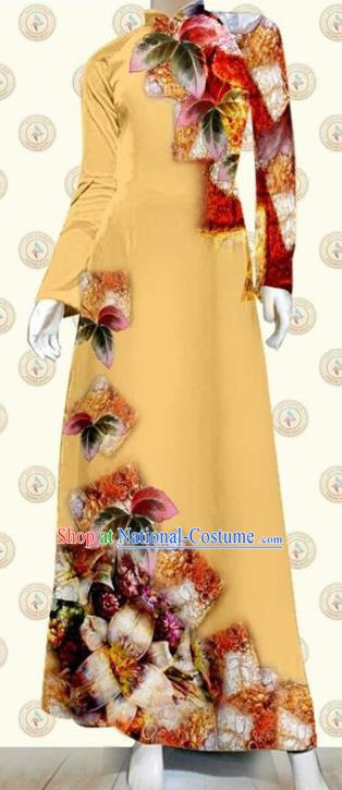 Asian Beige Qipao Dress with Pants Vietnam Cheongsam Vietnamese Traditional Civilian Women Ao Dai Clothing Classical Oriental Fashion