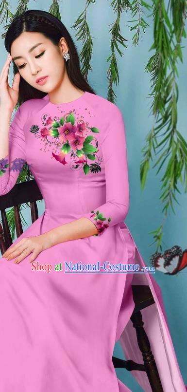 Pink Cheongsam with Loose Pants Outfits Asian Vietnam Ao Dai Clothing Long Dress Traditional Vietnamese Beauty Fashion