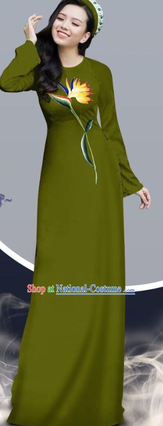 Army Green Traditional Vietnamese Long Dress with Loose Pants Outfits Women Fashion Asian Vietnam Ao Dai Cheongsam Clothing