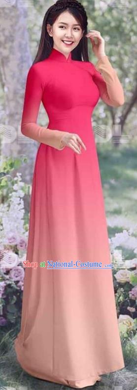 Asian Traditional Gradient Pink Cheongsam Costumes Vietnam Ao Dai Clothing Vietnamese Women Classical Qipao Dress with Pants