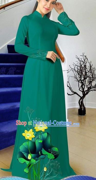 Vietnamese Ao Dai Dress Women Green Qipao with Pants Two Piece Set Traditional Classical Costumes Asian Clothing Vietnam Cheongsam