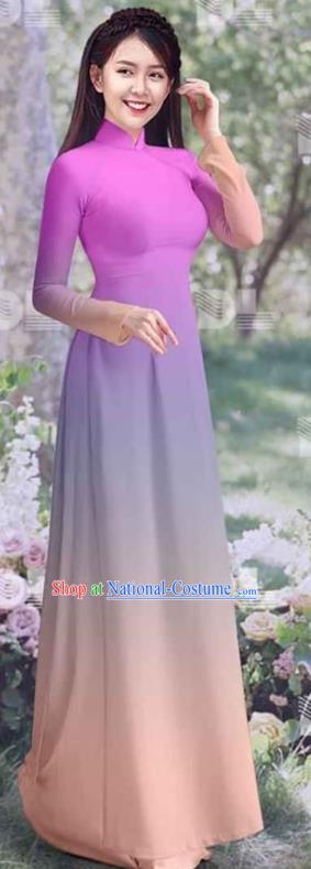 Vietnam Gradient Lilac Qipao Dress Traditional Costumes Ao Dai Clothing Asian Vietnamese Women Classical Cheongsam with Pants