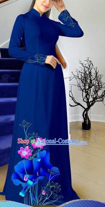 Vietnam Deep Blue Cheongsam Two Piece Set Traditional Classical Costumes Asian Clothing Women Qipao with Pants Vietnamese Ao Dai Dress