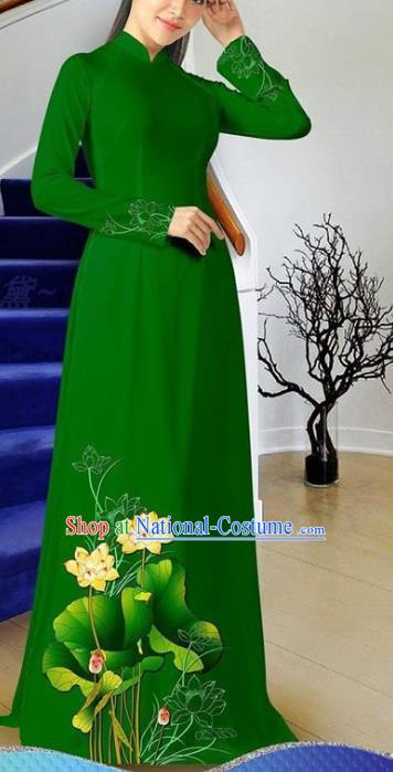 Vietnam Green Cheongsam Traditional Classical Costumes Asian Clothing Women Qipao with Pants Vietnamese Ao Dai Dress Two Piece Set